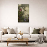 Unframed poster print of Martin Johnson Heade's 'White Orchid and Hummingbird' displayed on a wall in a living room