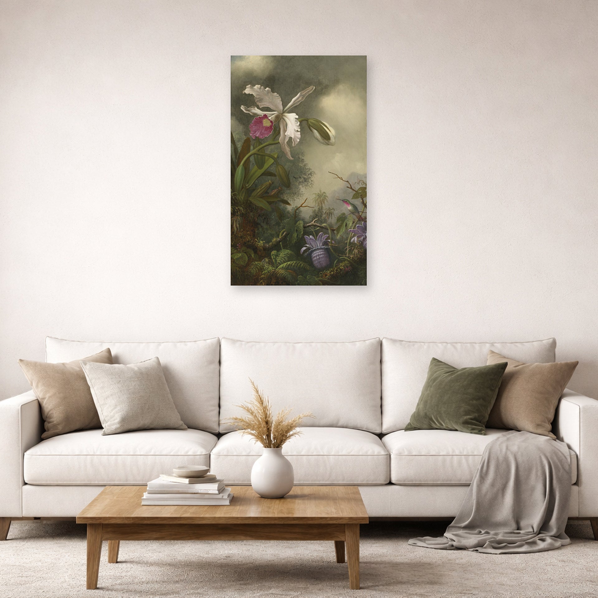 Unframed poster print of Martin Johnson Heade's 'White Orchid and Hummingbird' displayed on a wall in a living room