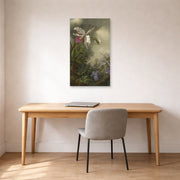 Unframed poster print of Martin Johnson Heade's 'White Orchid and Hummingbird' displayed on a wall in a office