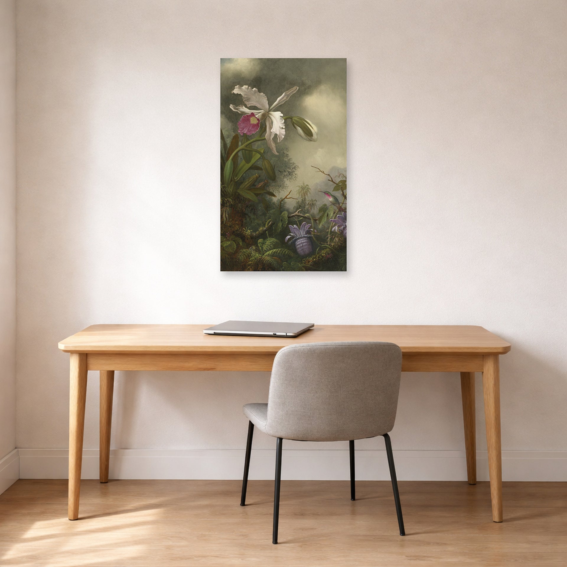 Unframed poster print of Martin Johnson Heade's 'White Orchid and Hummingbird' displayed on a wall in a office