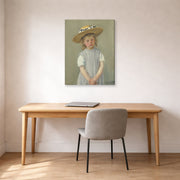 Gallery-wrapped canvas print of Mary Cassatt's Child in a Straw Hat displayed on a wall in a office