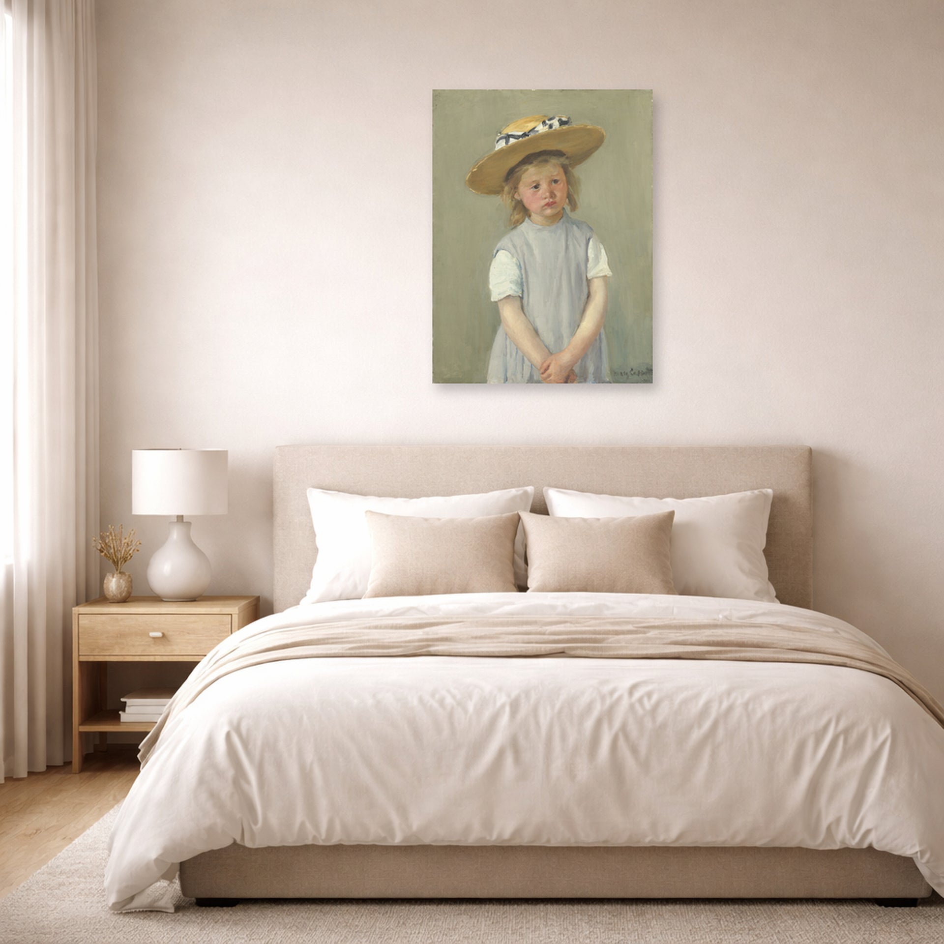 Unframed poster print of Mary Cassatt's Child in a Straw Hat displayed on a wall in a bedroom