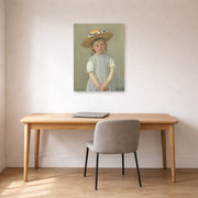 Unframed poster print of Mary Cassatt's Child in a Straw Hat displayed on a wall in a office