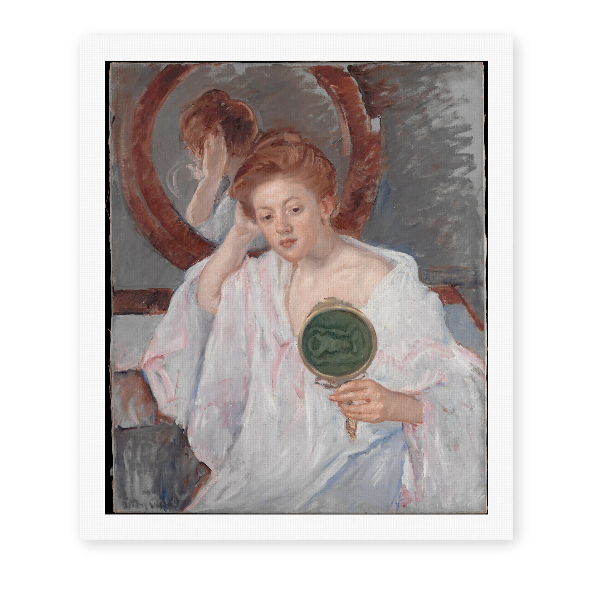 Mary Cassatt's 'Denise at Her Dressing Table' painting reproduced as a rolled canvas print