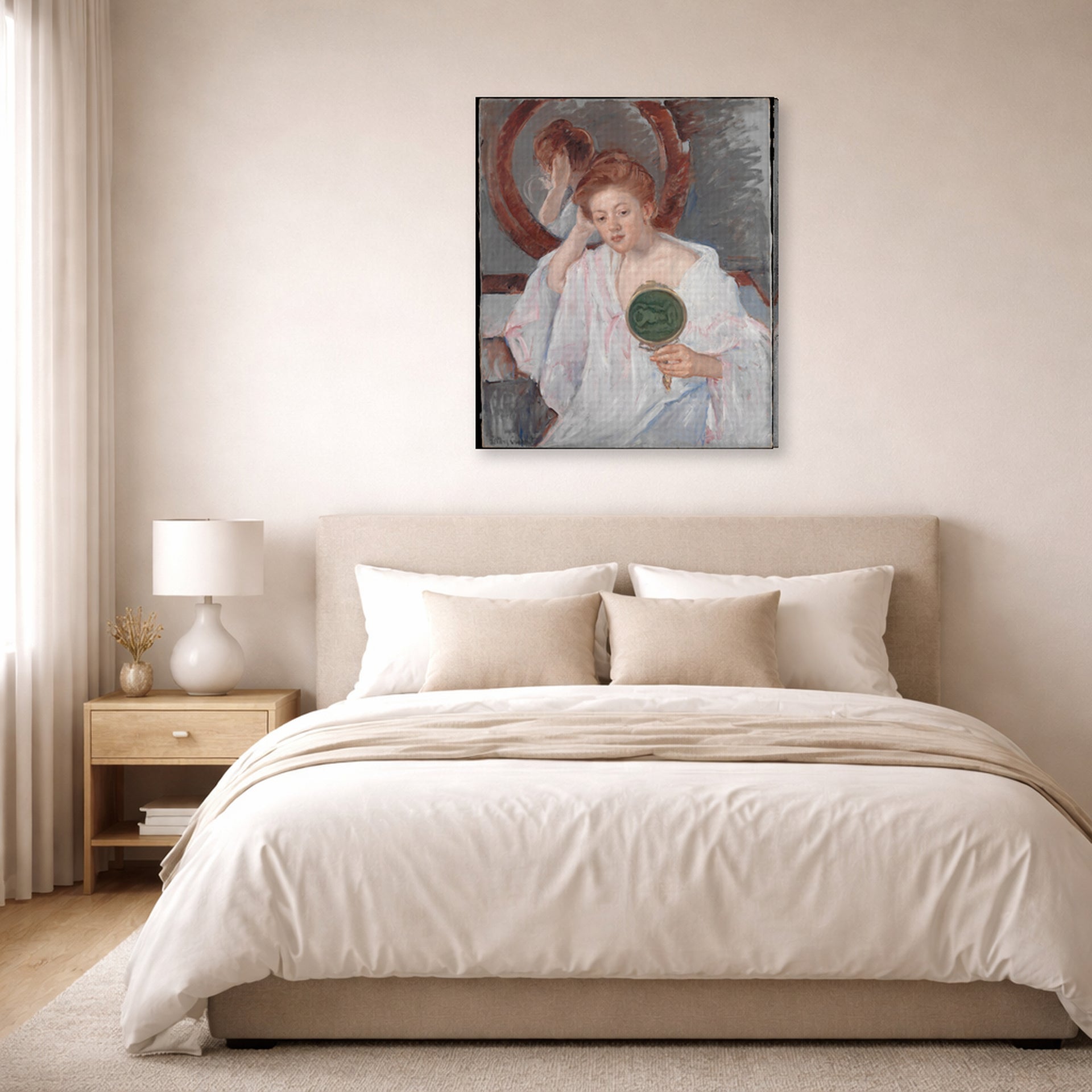 Gallery-wrapped canvas print of Mary Cassatt's Denise at Her Dressing Table displayed on a wall in a bedroom