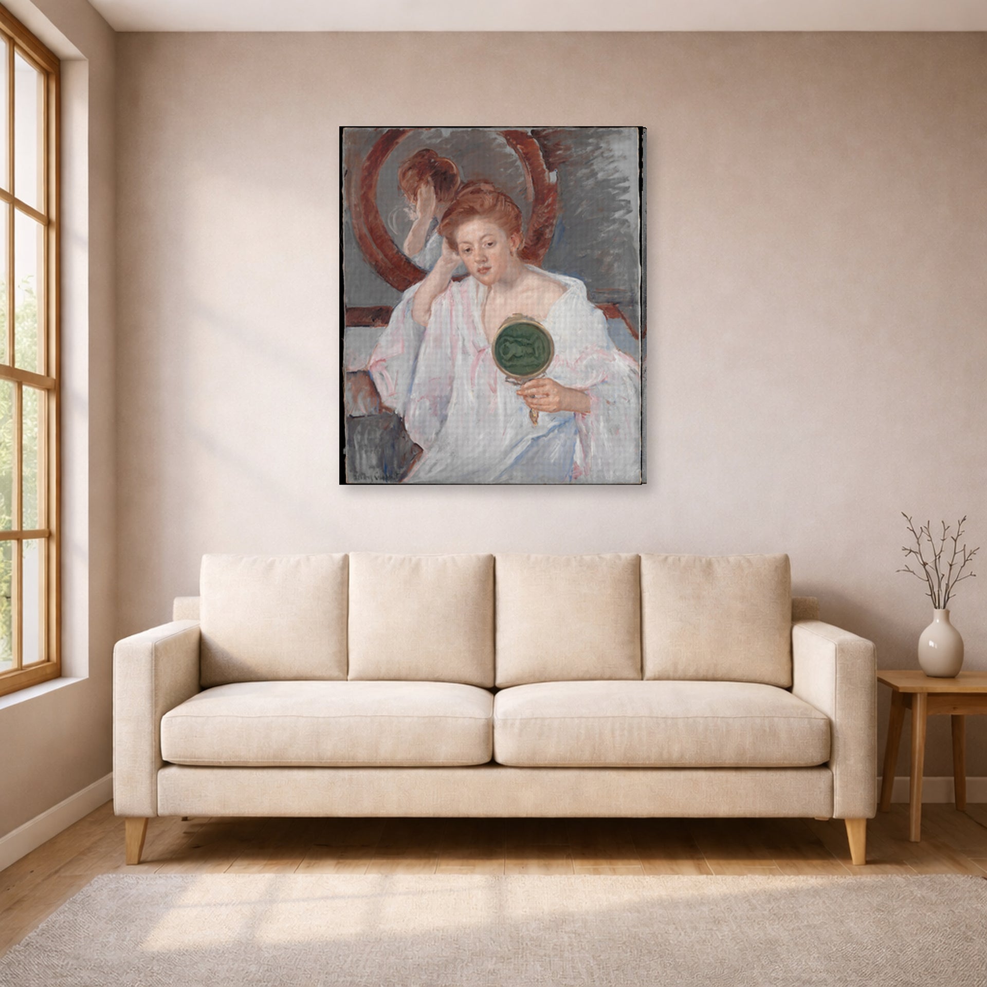 Gallery-wrapped canvas print of Mary Cassatt's Denise at Her Dressing Table displayed on a wall in a living room