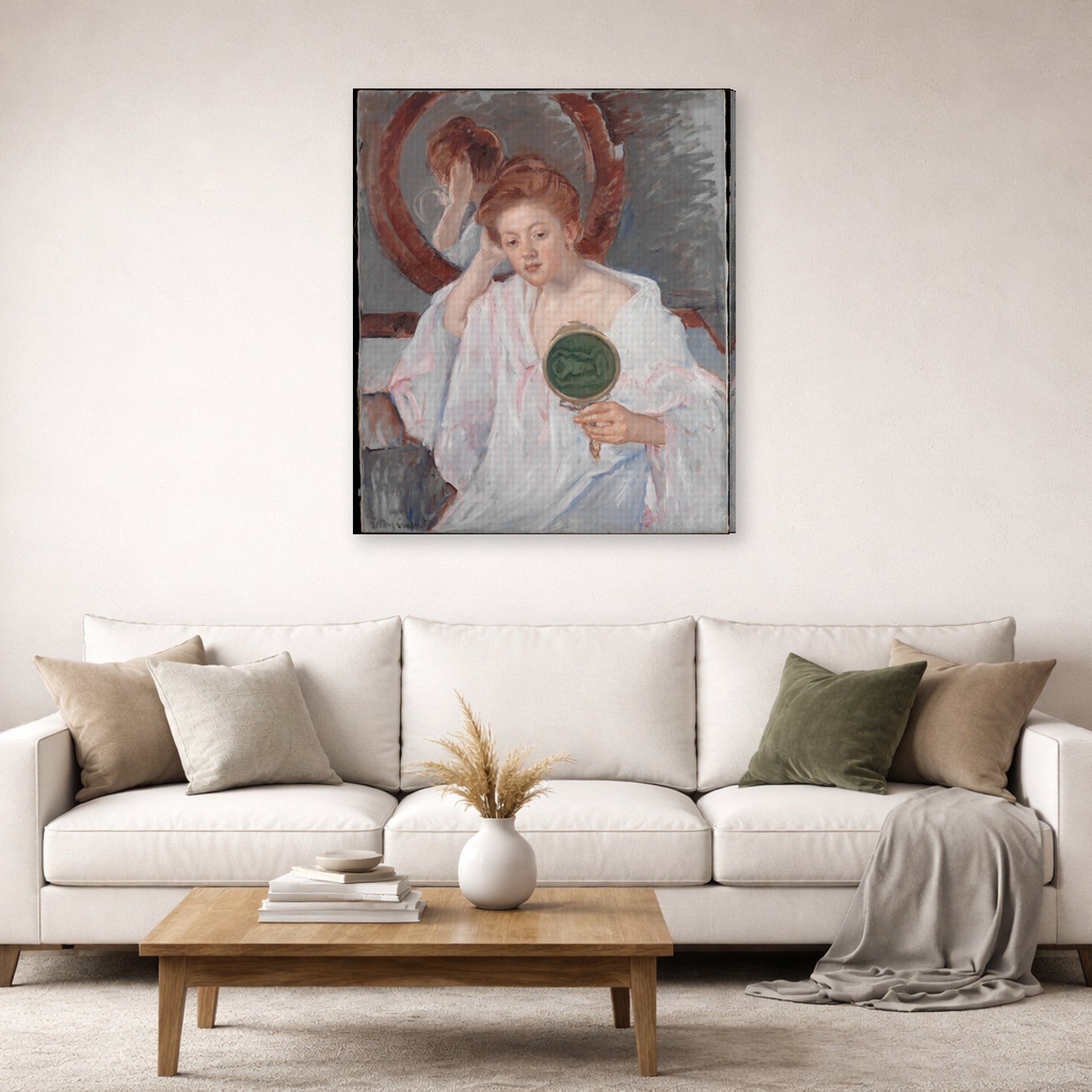 Gallery-wrapped canvas print of Mary Cassatt's Denise at Her Dressing Table displayed on a wall in a living room