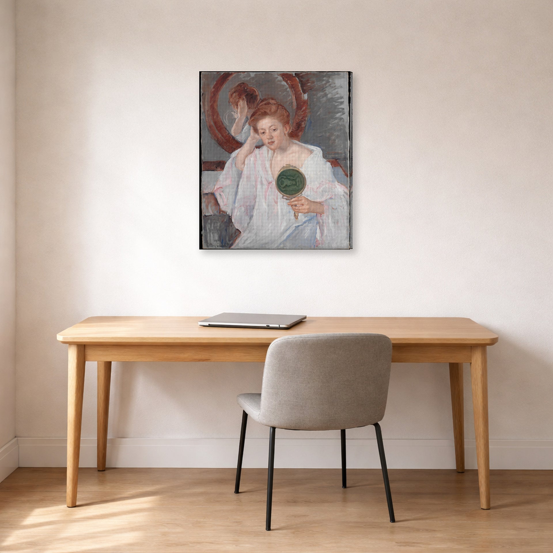 Gallery-wrapped canvas print of Mary Cassatt's Denise at Her Dressing Table displayed on a wall in a office