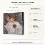 Mary Cassatt - Denise at Her Dressing Table gallery wrap canvas construction and hanging details infographic