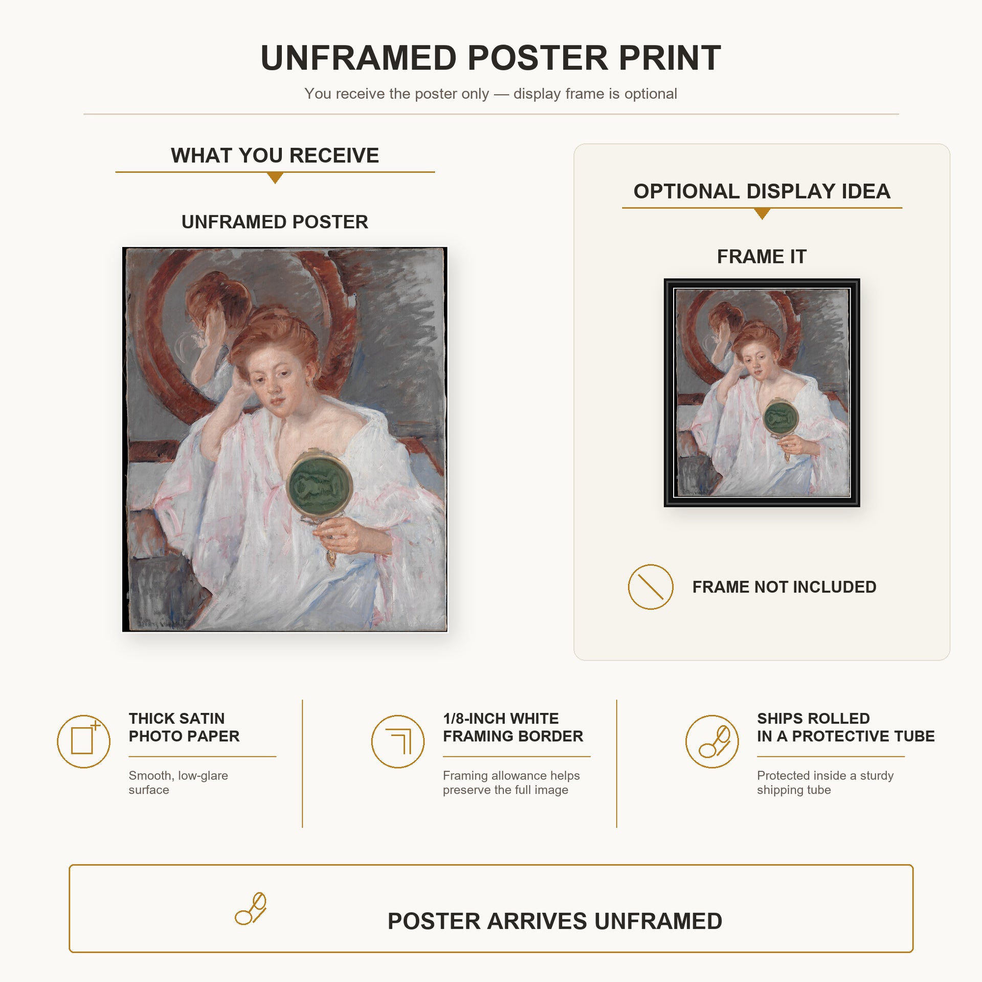 Mary Cassatt - Denise at Her Dressing Table poster print size comparison and framing display infographic