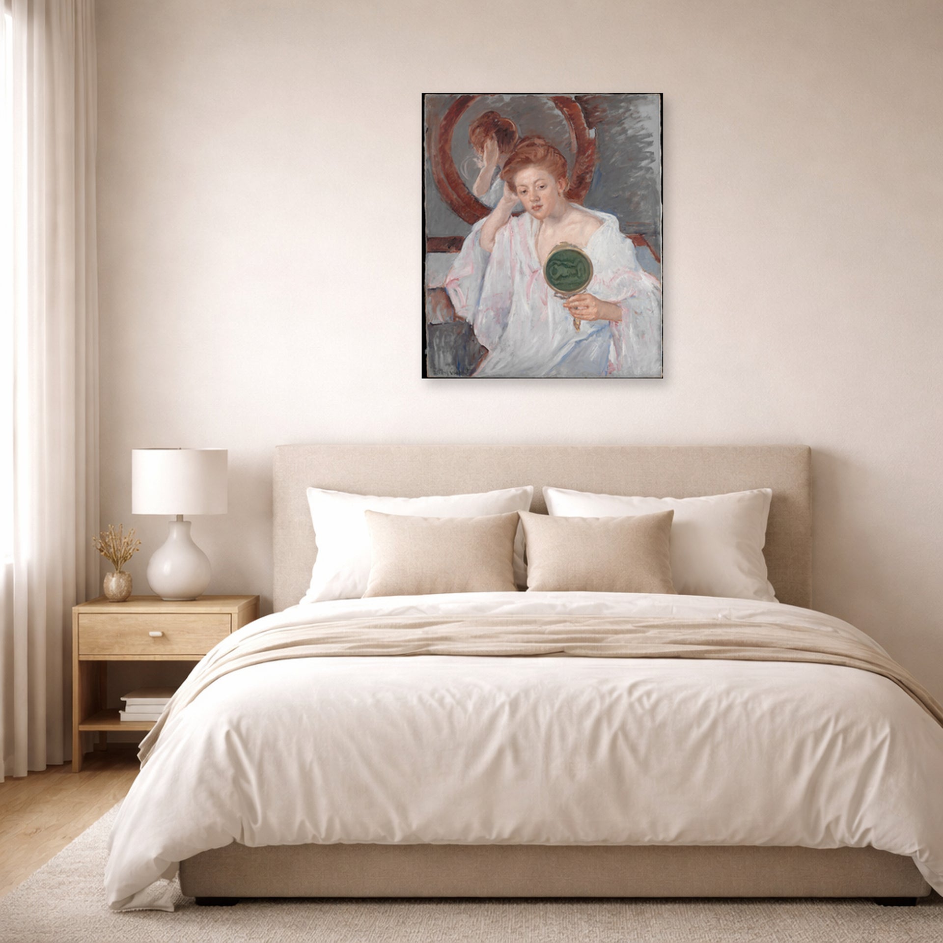 Unframed poster print of Mary Cassatt's Denise at Her Dressing Table displayed on a wall in a bedroom
