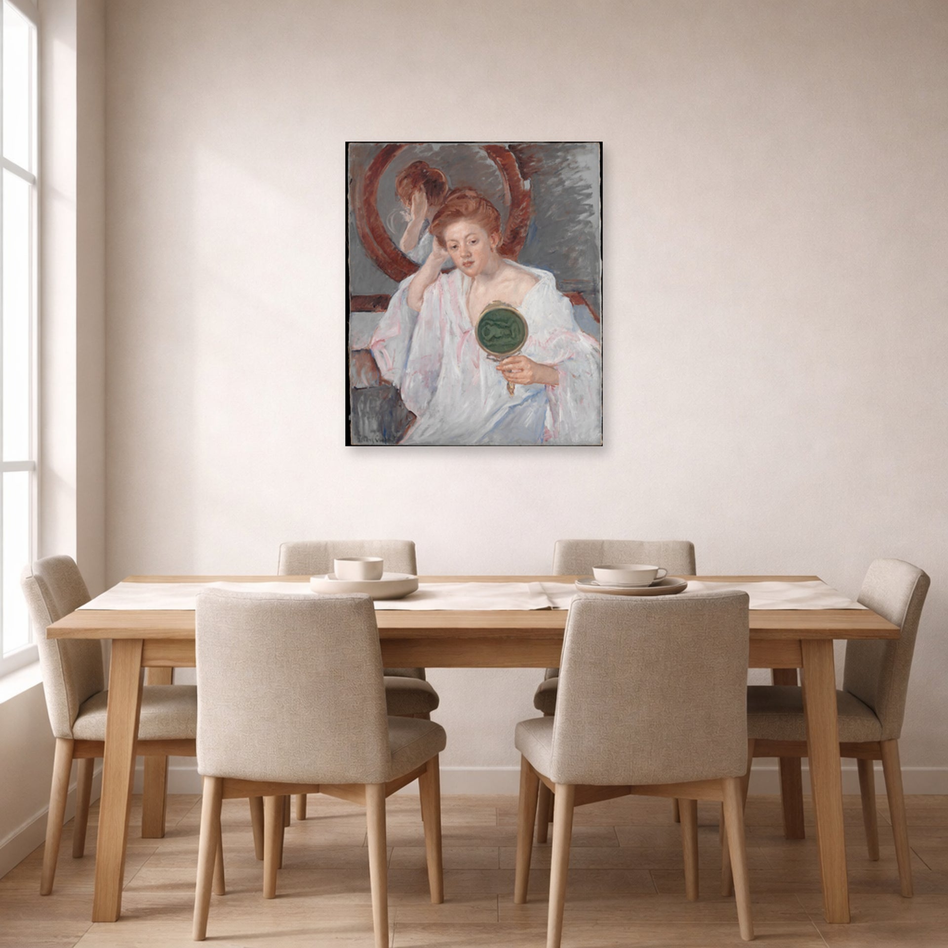 Unframed poster print of Mary Cassatt's Denise at Her Dressing Table displayed on a wall in a dining room