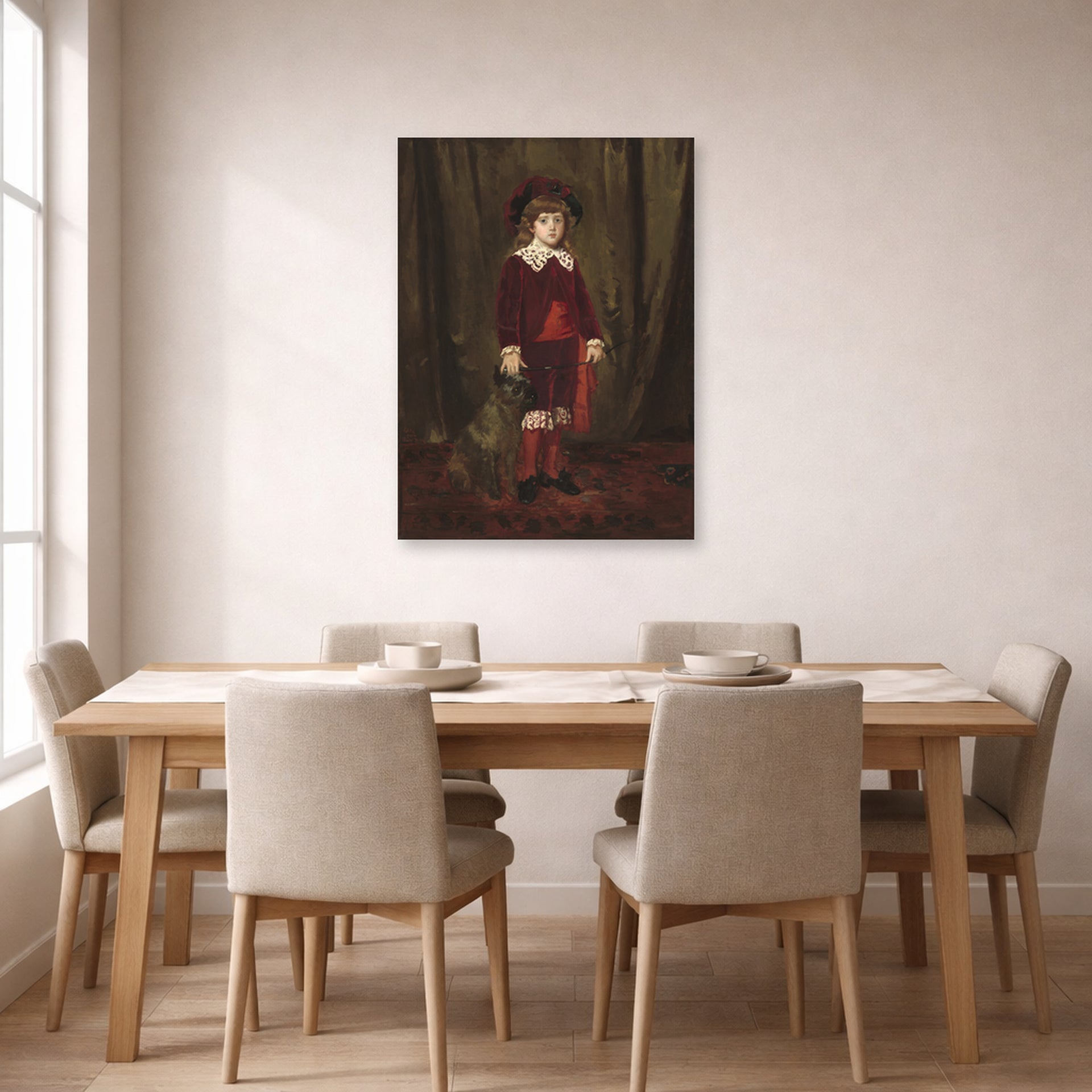 Unframed poster print of Mary Cassatt's Eddy Cassatt displayed on a wall in a dining room