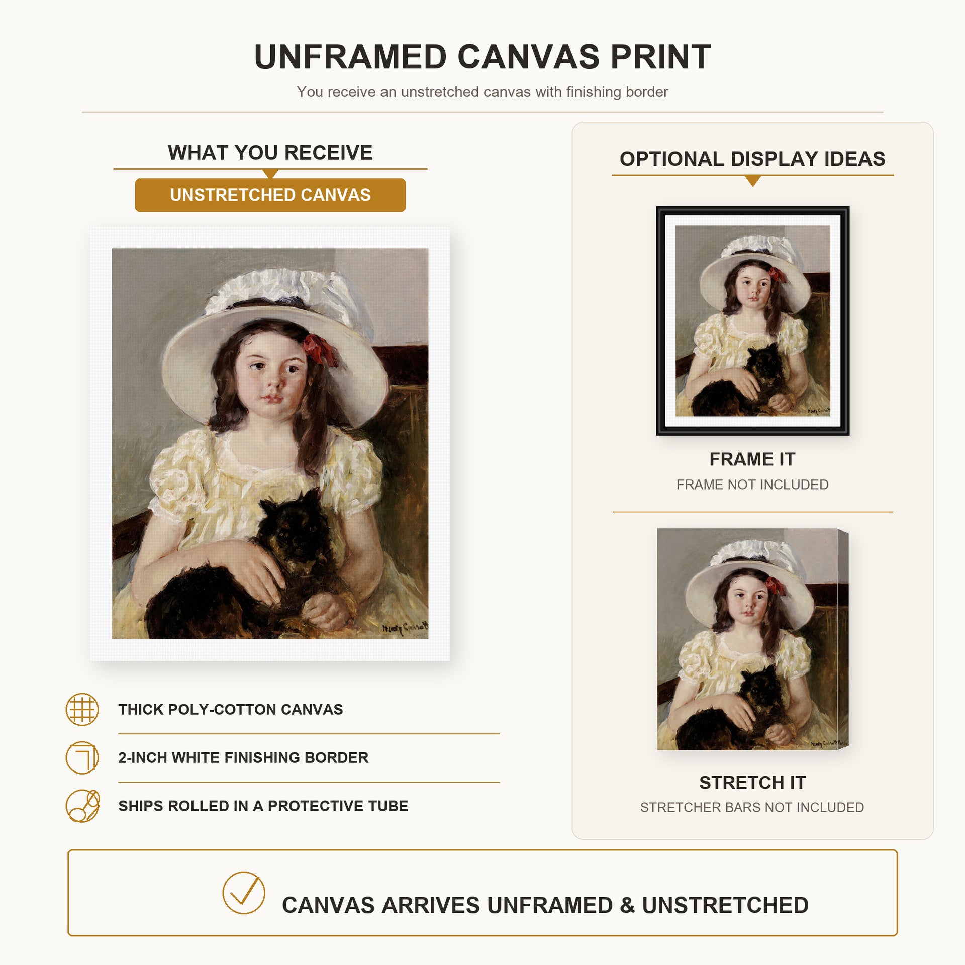 Mary Cassatt - Francoise Holding a Little Black Dog canvas print size comparison and framing display infographic