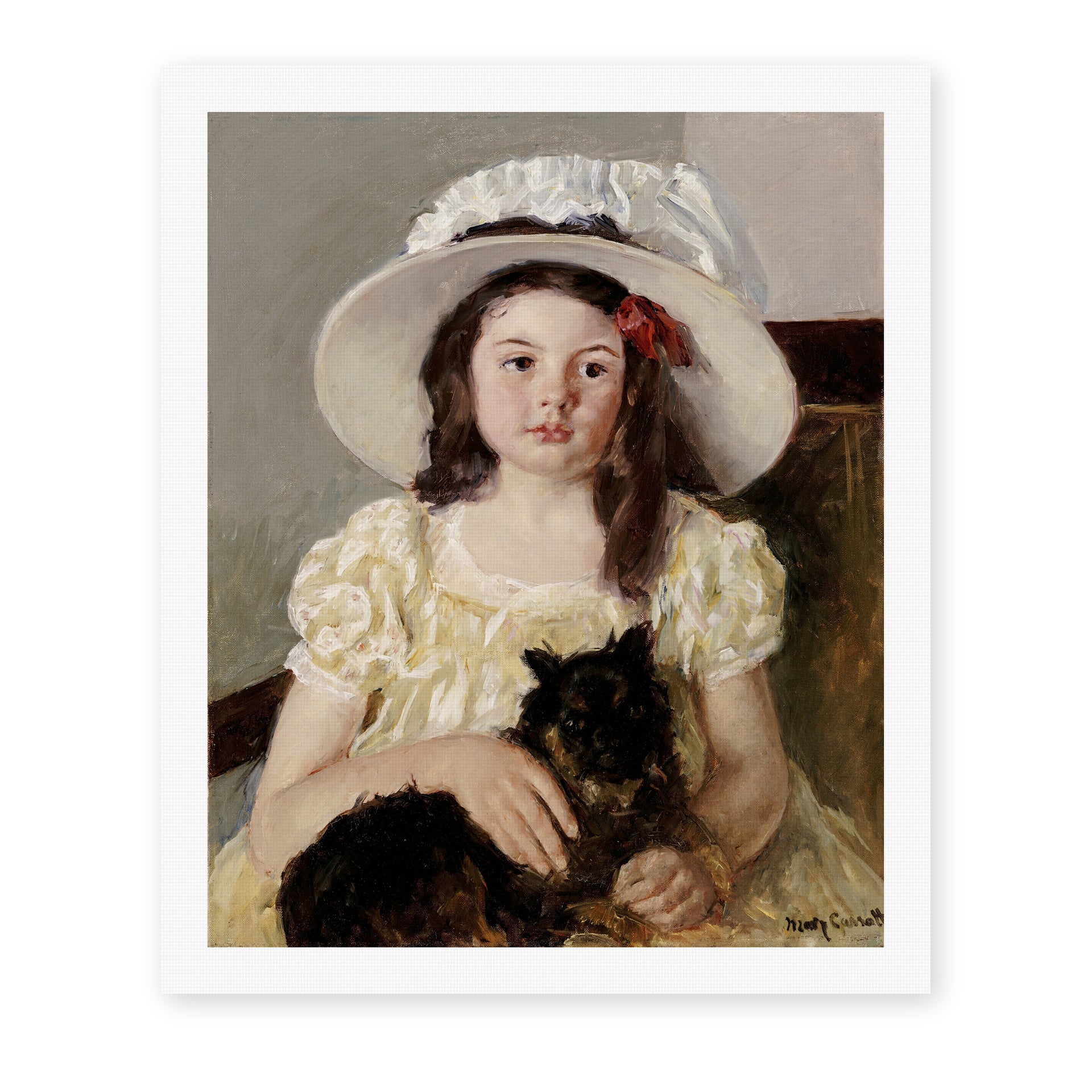 Mary Cassatt's 'Francoise Holding a Little Black Dog' painting reproduced as a rolled canvas print