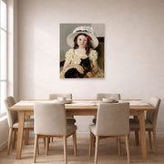 Unframed poster print of Mary Cassatt's Francoise Holding a Little Black Dog displayed on a wall in a dining room