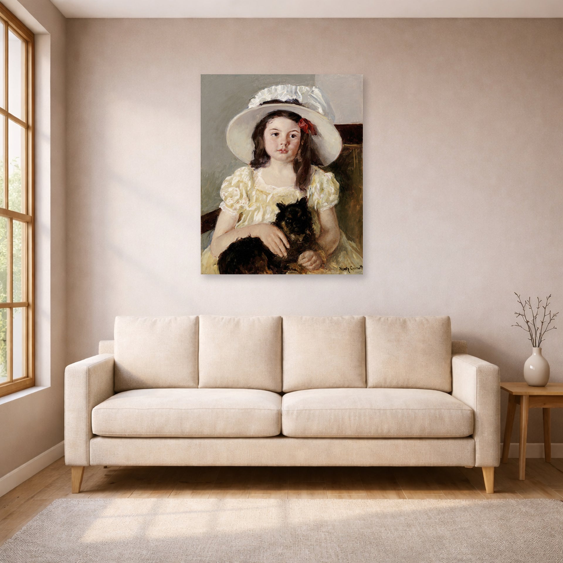 Unframed poster print of Mary Cassatt's Francoise Holding a Little Black Dog displayed on a wall in a living room