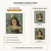 Mary Cassatt - Françoise in a Round Backed Chair Reading canvas print size comparison and framing display infographic
