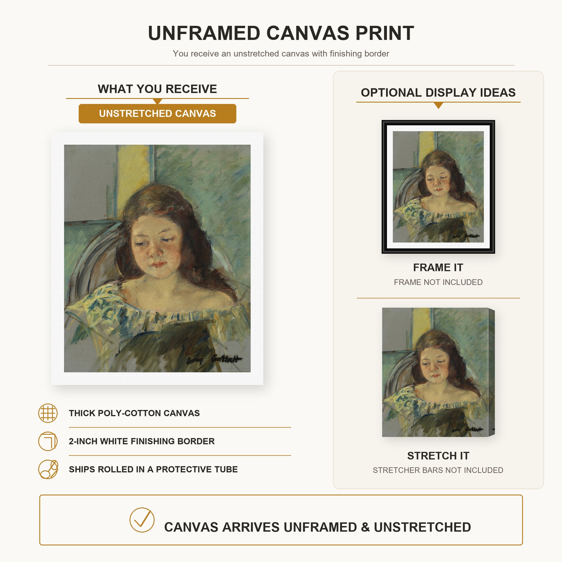 Mary Cassatt - Françoise in a Round Backed Chair Reading canvas print size comparison and framing display infographic