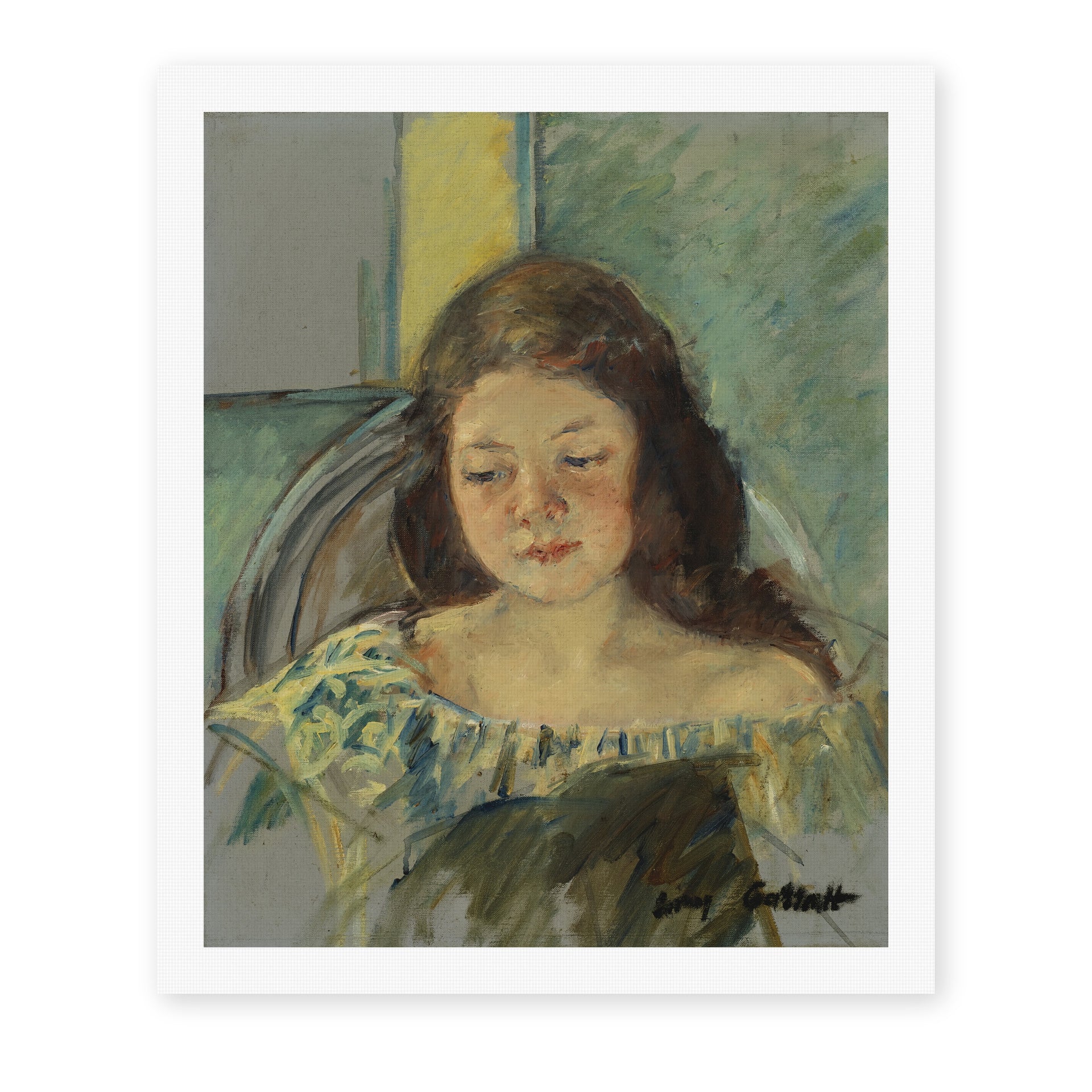 Mary Cassatt's 'Françoise in a Round Backed Chair Reading' painting reproduced as a rolled canvas print