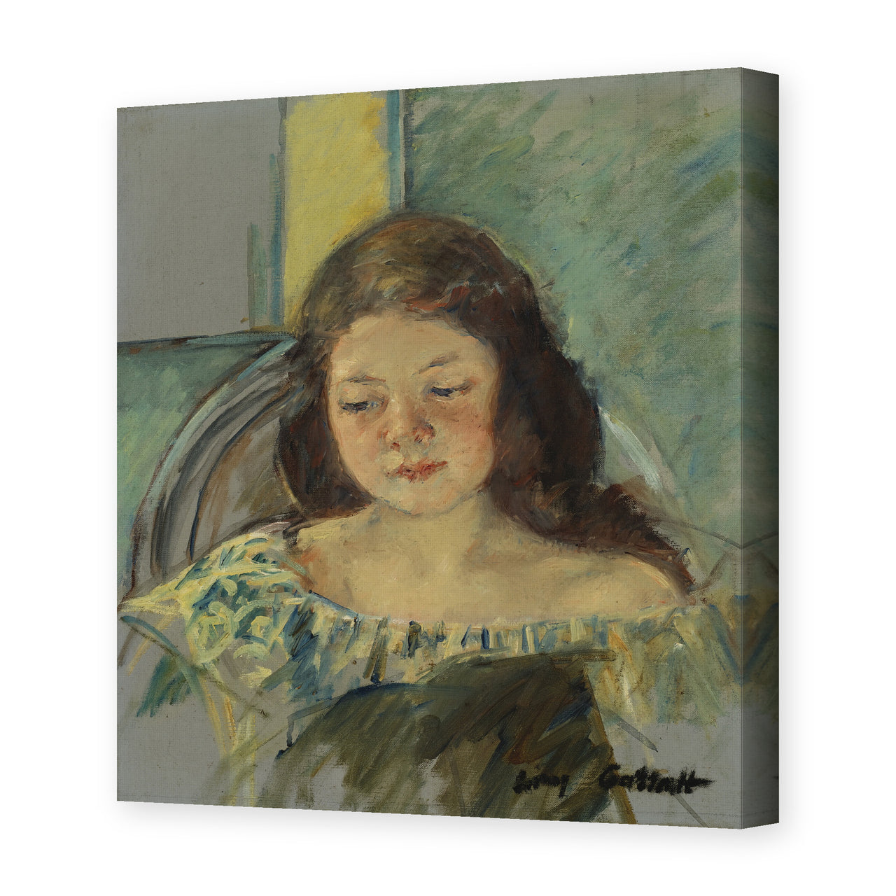Mary Cassatt's 'Françoise in a Round Backed Chair Reading' painting reproduced as a gallery-wrapped canvas print