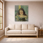 Gallery-wrapped canvas print of Mary Cassatt's Françoise in a Round Backed Chair Reading displayed on a wall in a living room