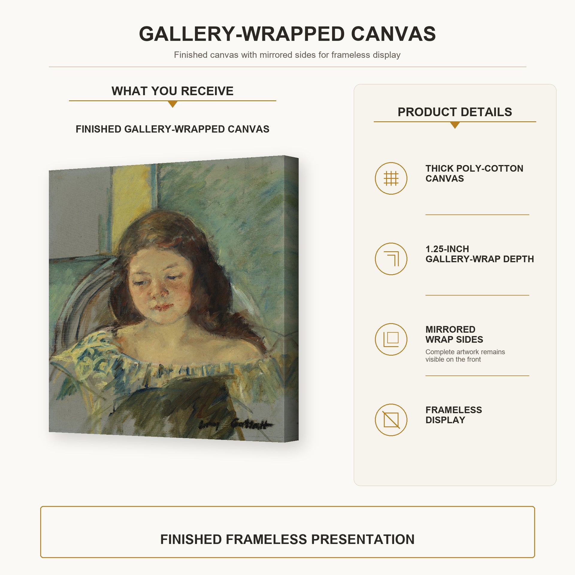 Mary Cassatt - Françoise in a Round Backed Chair Reading gallery wrap canvas construction and hanging details infographic