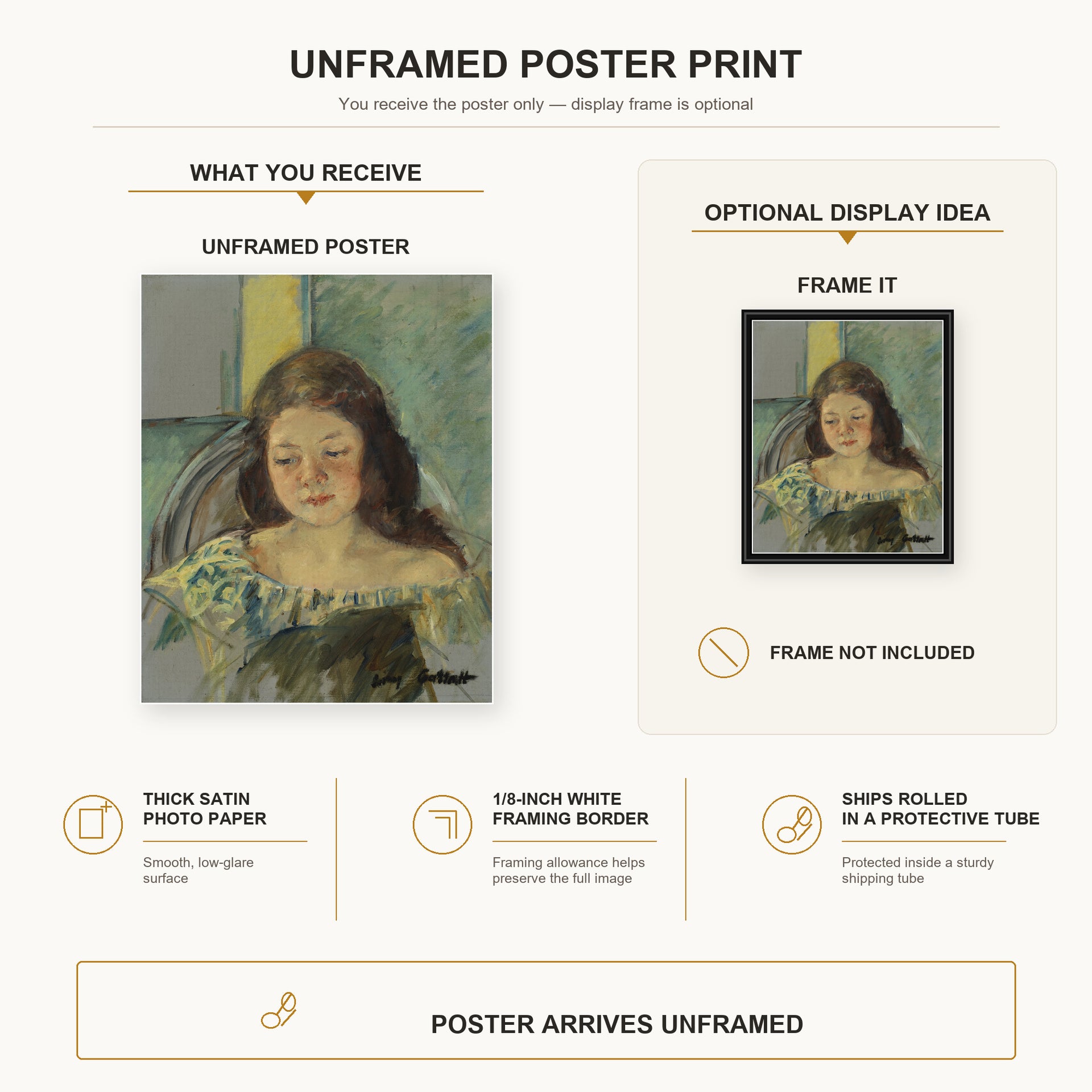 Mary Cassatt - Françoise in a Round Backed Chair Reading poster print size comparison and framing display infographic