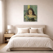 Unframed poster print of Mary Cassatt's Françoise in a Round Backed Chair Reading displayed on a wall in a bedroom
