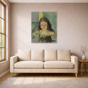 Unframed poster print of Mary Cassatt's Françoise in a Round Backed Chair Reading displayed on a wall in a living room