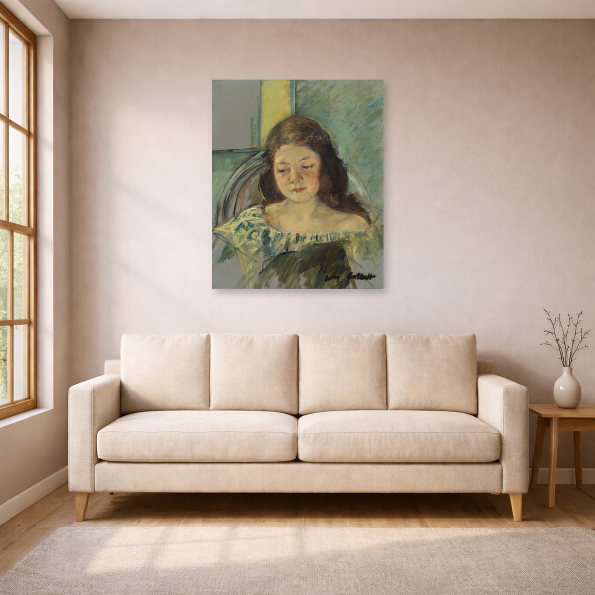 Unframed poster print of Mary Cassatt's Françoise in a Round Backed Chair Reading displayed on a wall in a living room