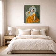 Gallery-wrapped canvas print of Mary Cassatt's Margot in Orange Dress displayed on a wall in a bedroom