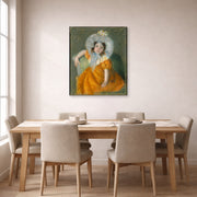 Gallery-wrapped canvas print of Mary Cassatt's Margot in Orange Dress displayed on a wall in a dining room