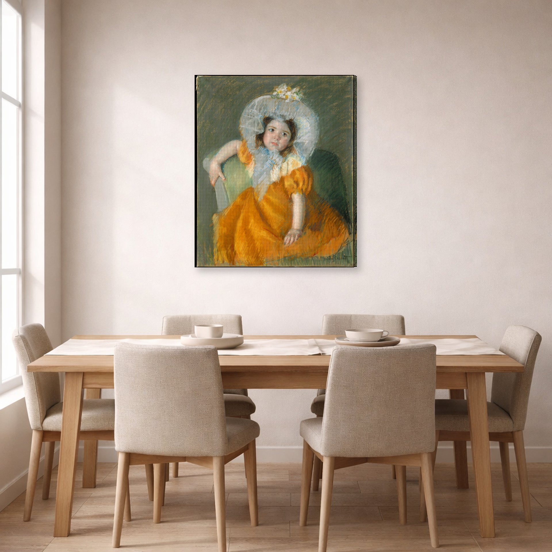 Gallery-wrapped canvas print of Mary Cassatt's Margot in Orange Dress displayed on a wall in a dining room