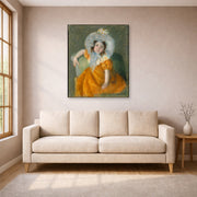 Gallery-wrapped canvas print of Mary Cassatt's Margot in Orange Dress displayed on a wall in a living room