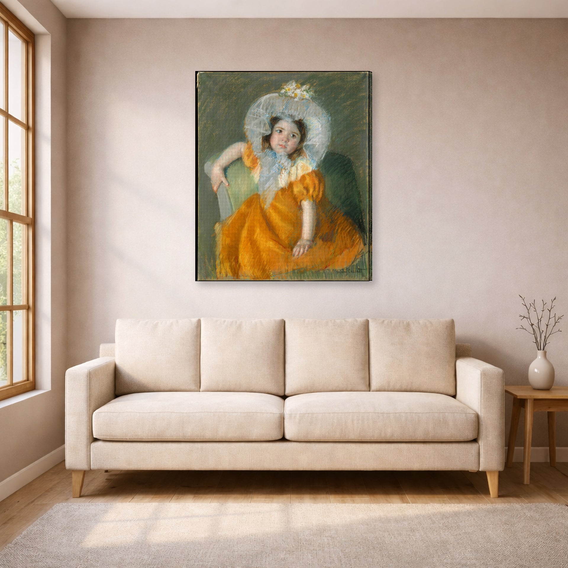 Gallery-wrapped canvas print of Mary Cassatt's Margot in Orange Dress displayed on a wall in a living room