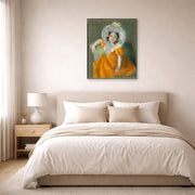 Unframed poster print of Mary Cassatt's Margot in Orange Dress displayed on a wall in a bedroom