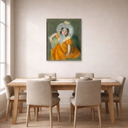 Unframed poster print of Mary Cassatt's Margot in Orange Dress displayed on a wall in a dining room