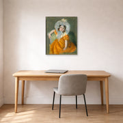 Unframed poster print of Mary Cassatt's Margot in Orange Dress displayed on a wall in a office
