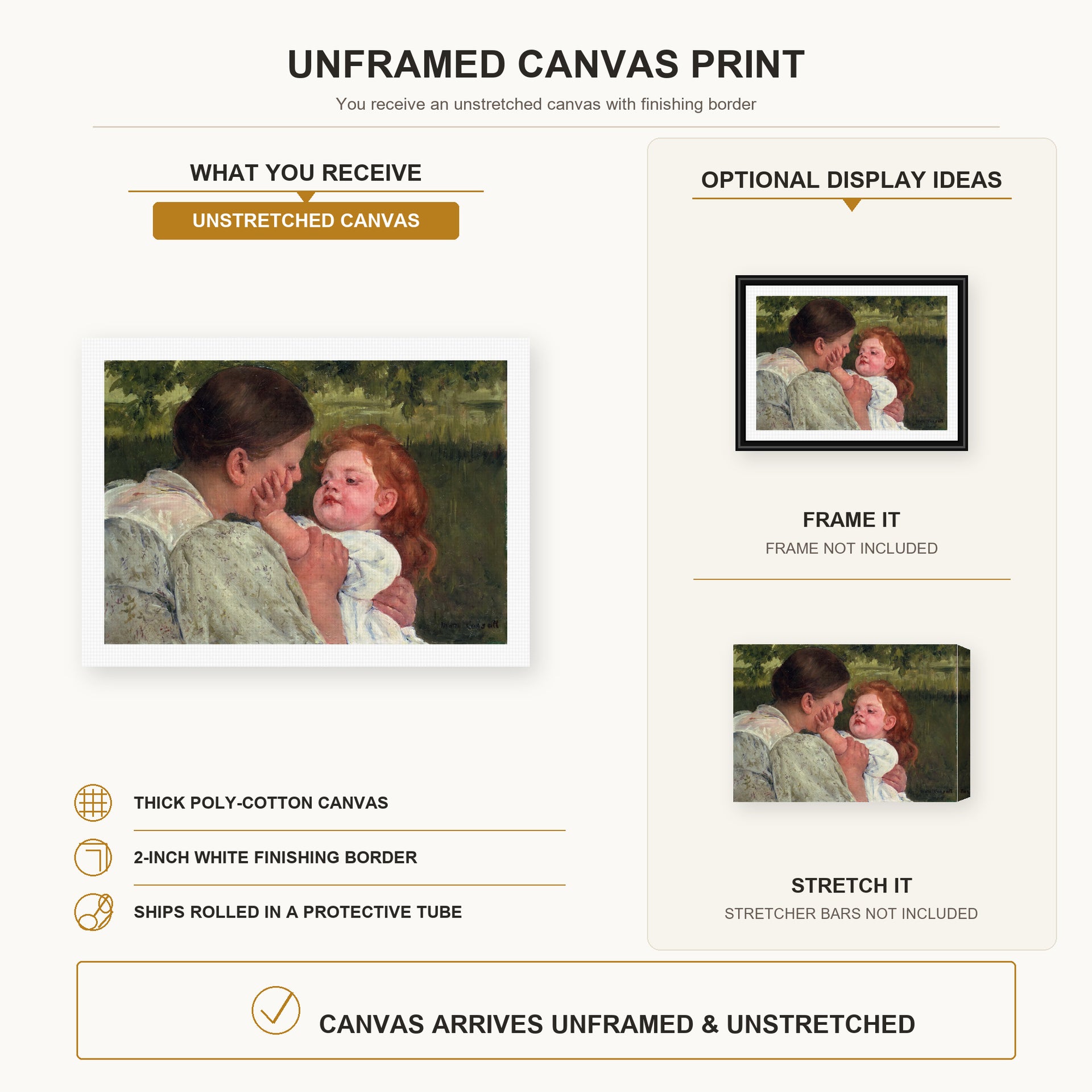 Mary Cassatt - Maternal Caress canvas print size comparison and framing display infographic