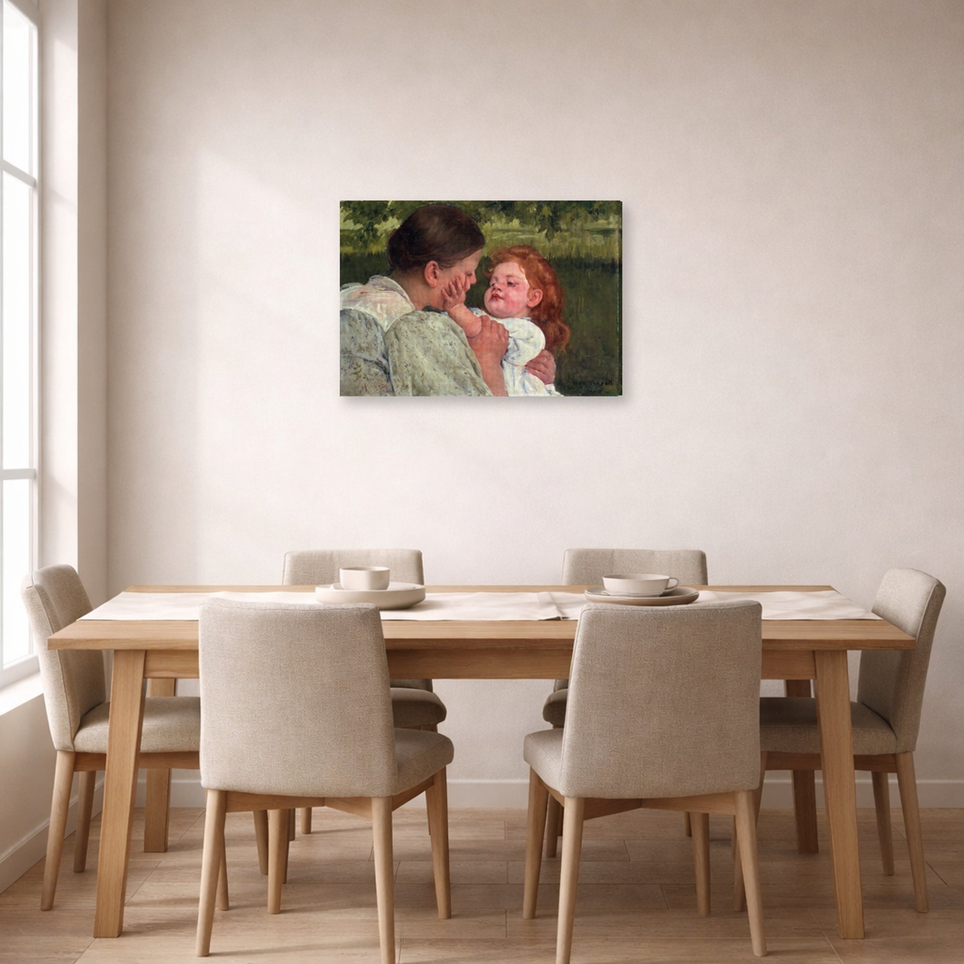 Gallery-wrapped canvas print of Mary Cassatt's Maternal Caress displayed on a wall in a dining room