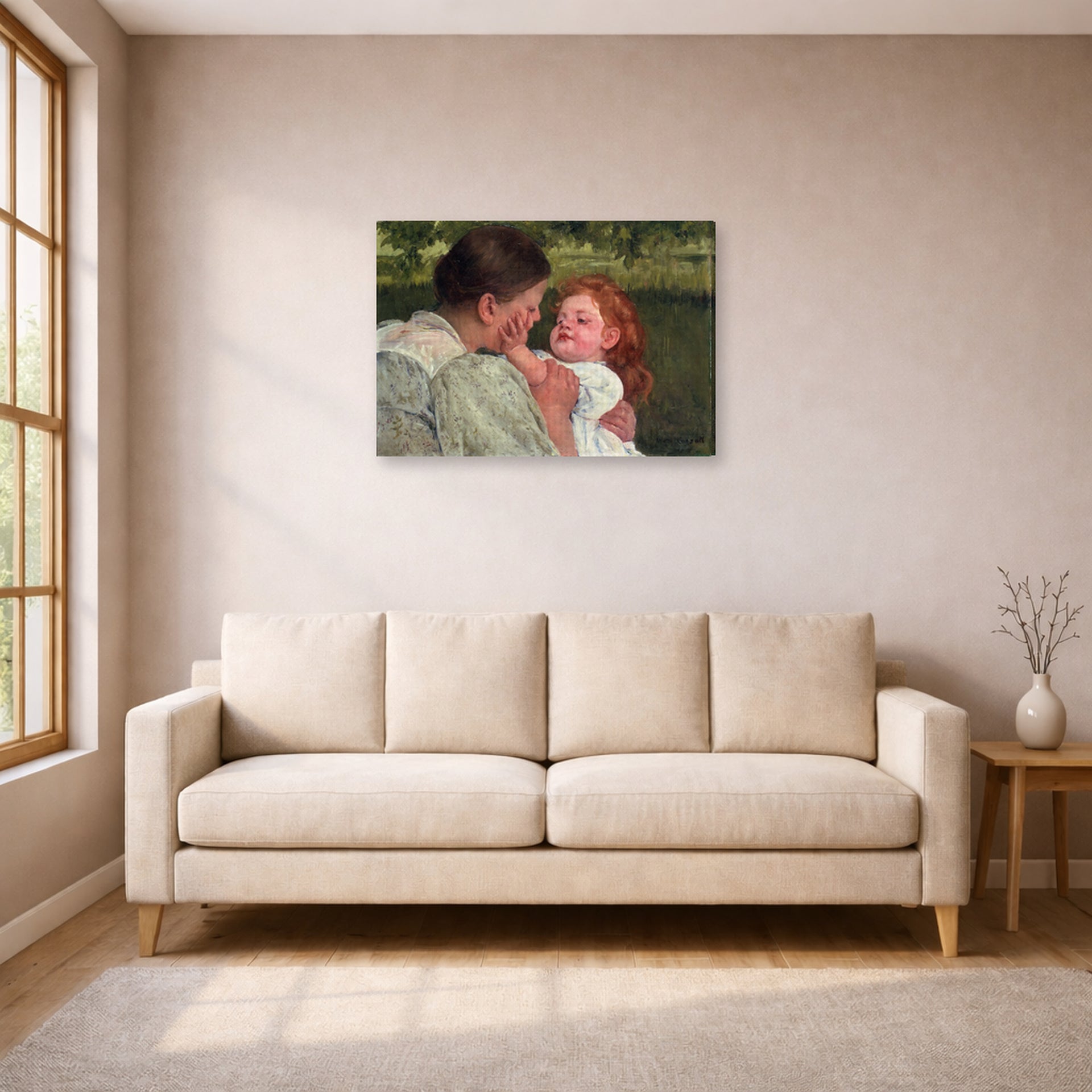 Gallery-wrapped canvas print of Mary Cassatt's Maternal Caress displayed on a wall in a living room