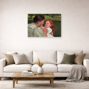 Gallery-wrapped canvas print of Mary Cassatt's Maternal Caress displayed on a wall in a living room