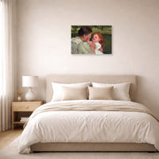 Unframed poster print of Mary Cassatt's Maternal Caress displayed on a wall in a bedroom