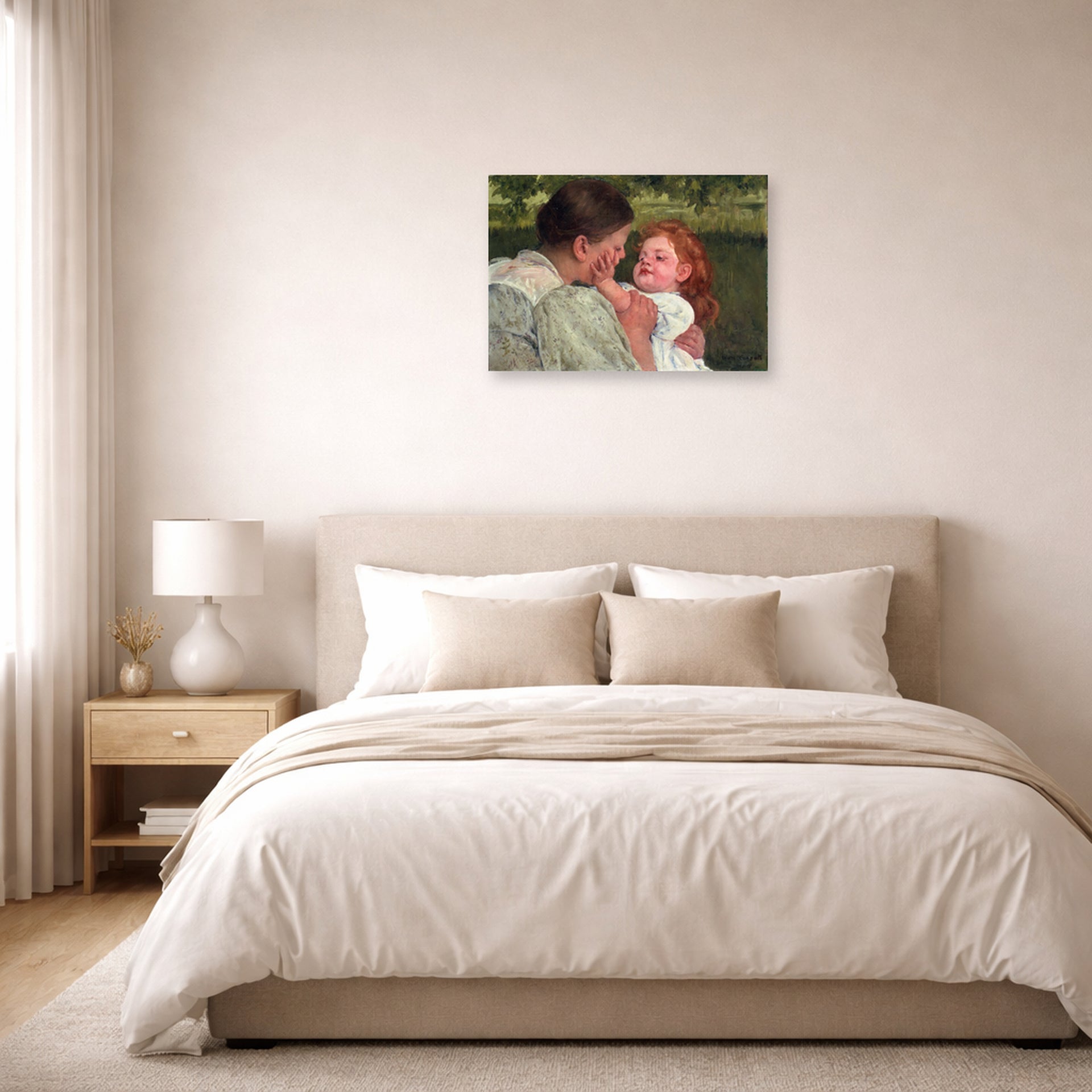 Unframed poster print of Mary Cassatt's Maternal Caress displayed on a wall in a bedroom