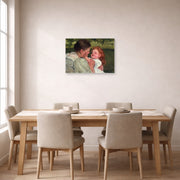 Unframed poster print of Mary Cassatt's Maternal Caress displayed on a wall in a dining room