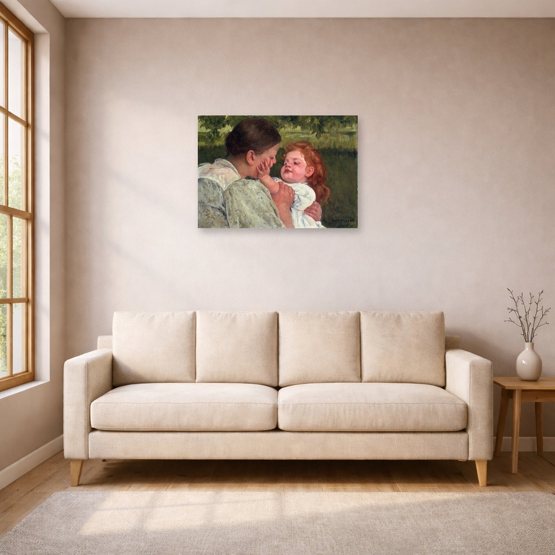 Unframed poster print of Mary Cassatt's Maternal Caress displayed on a wall in a living room