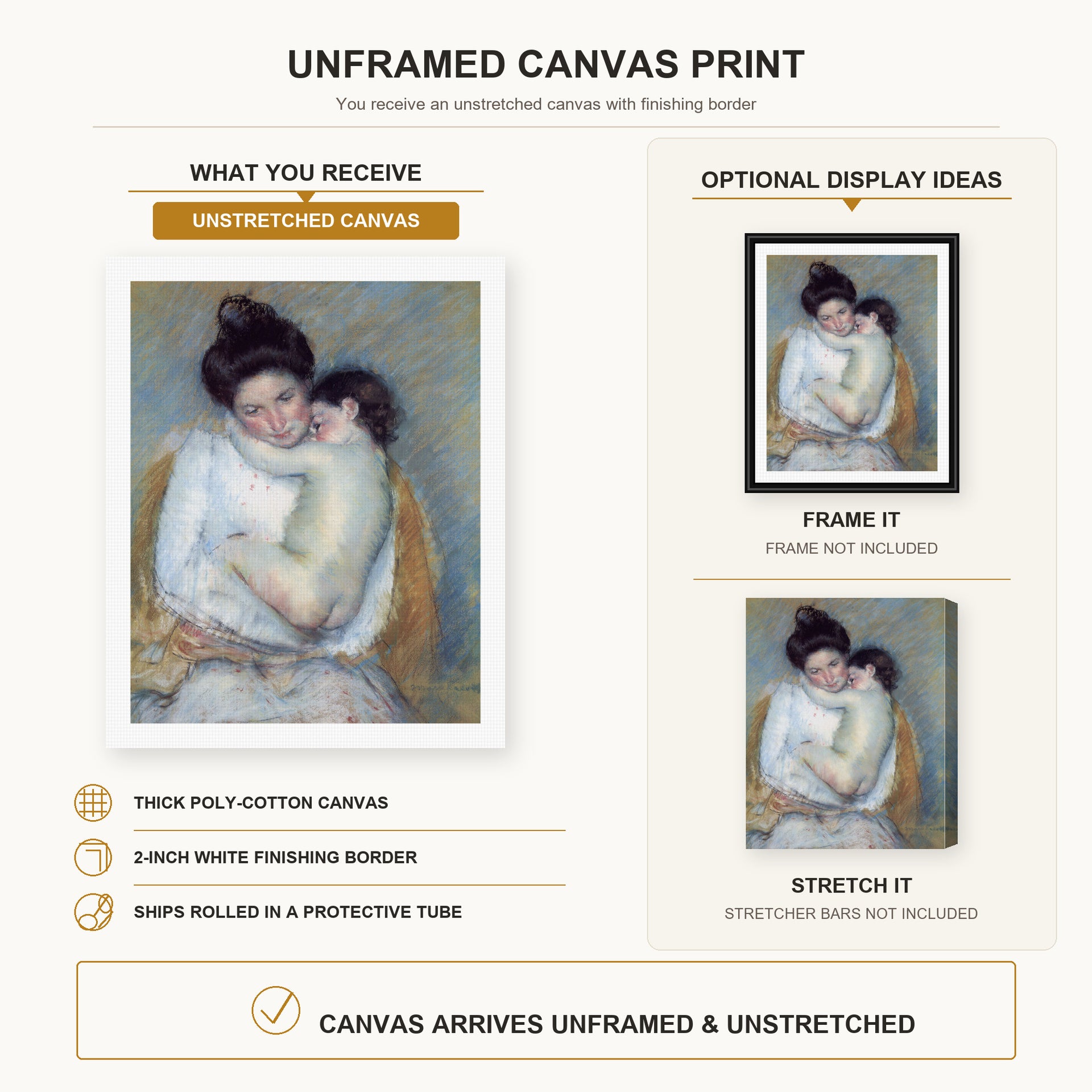 Mary Cassatt - Mother and Child canvas print size comparison and framing display infographic