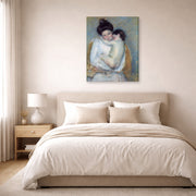 Gallery-wrapped canvas print of Mary Cassatt's Mother and Child displayed on a wall in a bedroom