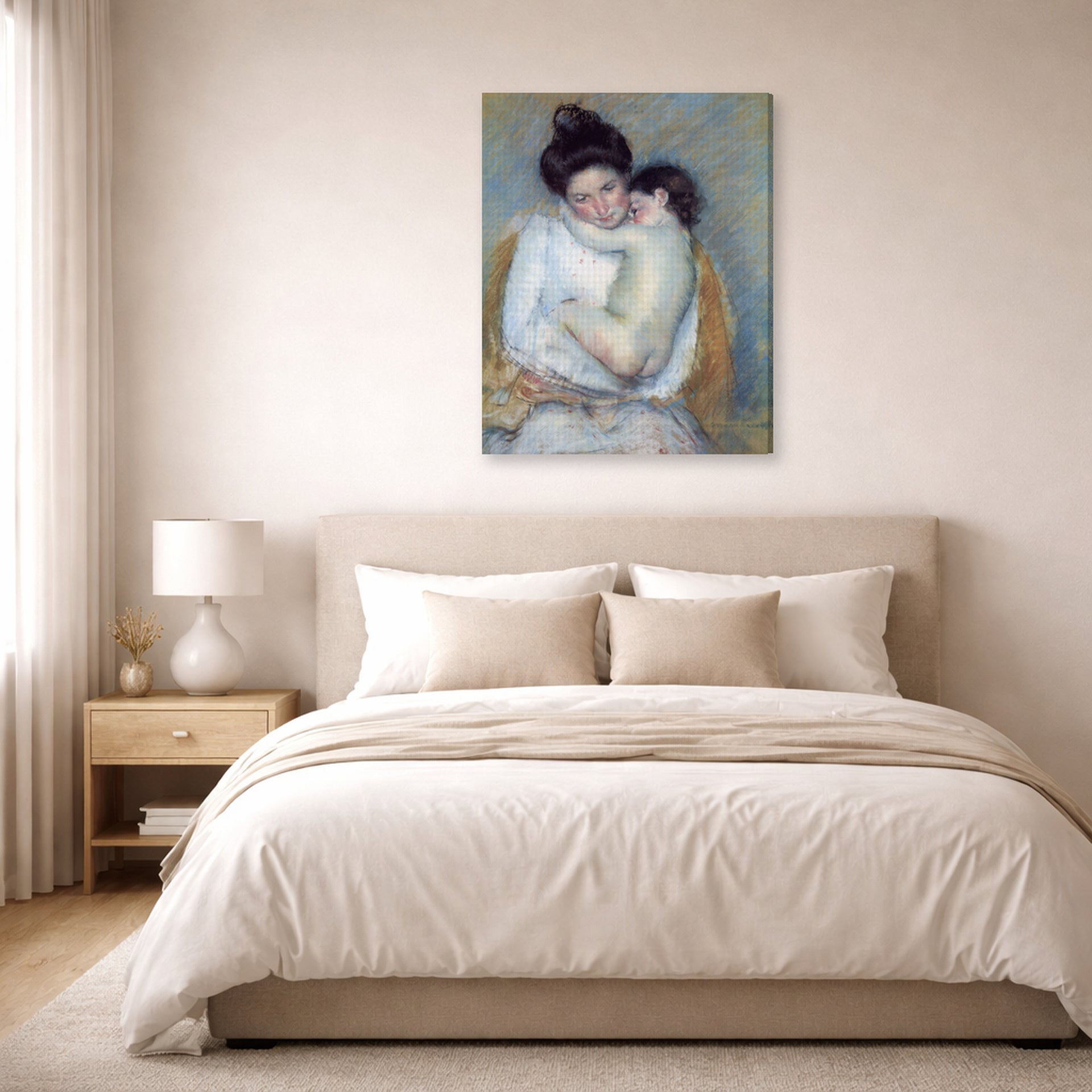 Gallery-wrapped canvas print of Mary Cassatt's Mother and Child displayed on a wall in a bedroom